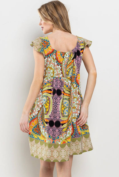 Border Print Squared Neck Dress