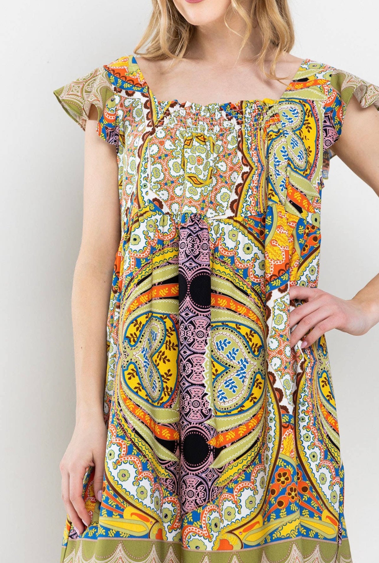 Border Print Squared Neck Dress