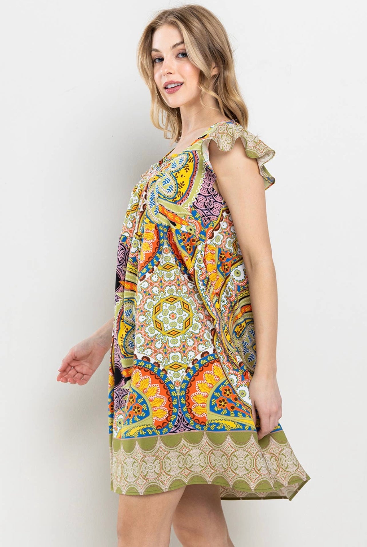 Border Print Squared Neck Dress