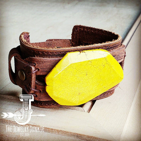 Dusty Leather Cuff with Yellow Turquoise Slab