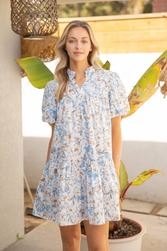 Floral Escape Bubble Sleeve Tiered Print Dress