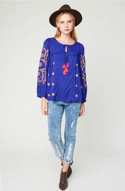 Flower Power Blue Embroidered Tunic