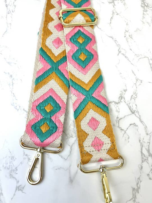 Turquoise, Pink, & Gold Embroidered Crossbody Strap