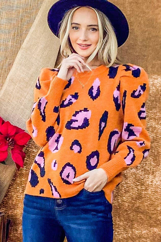 Citrus Leopard Puff Sleeve Sweater