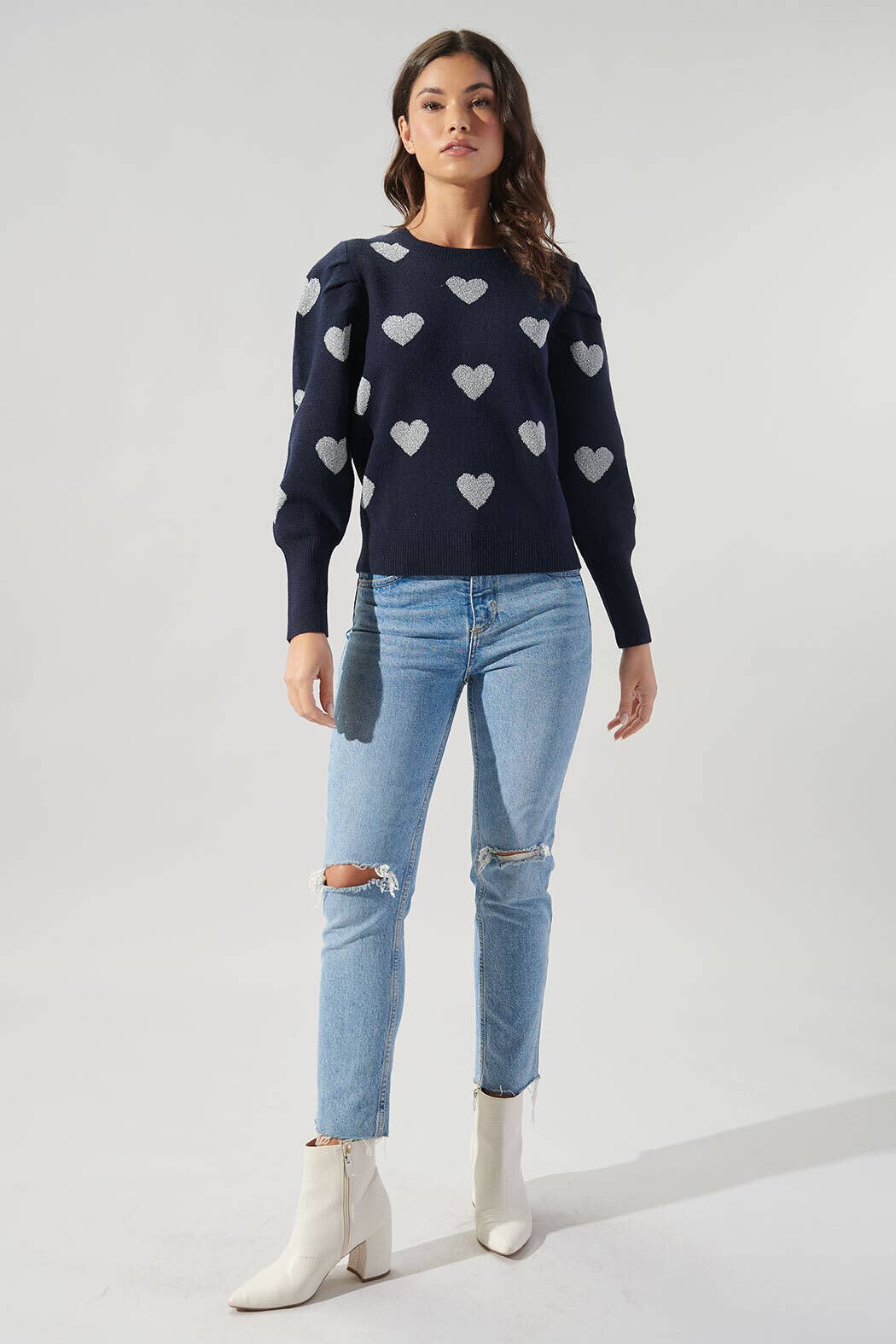 Sweetheart Lurex Puff Sleeve Sweater-Sugarlips