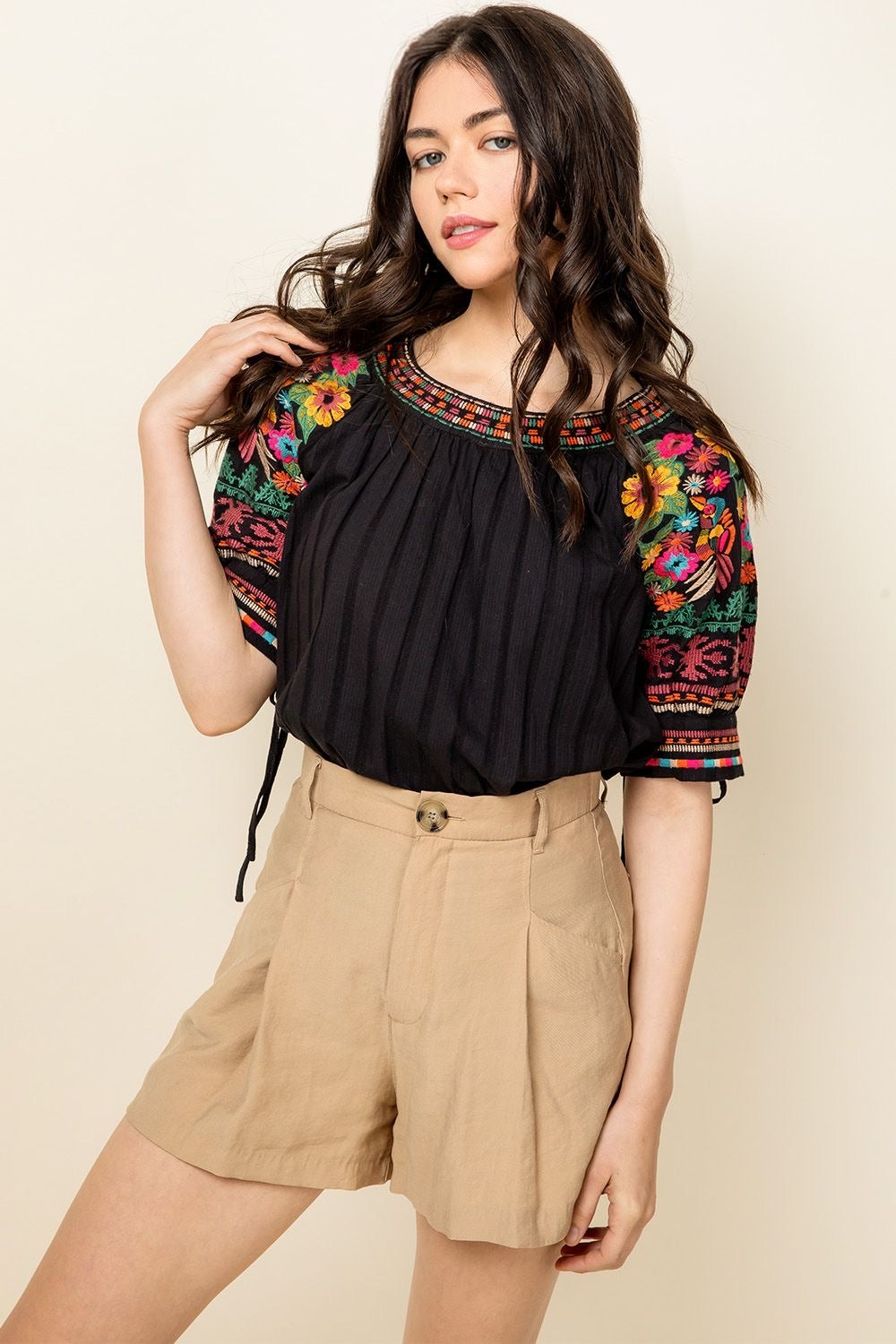 Tying it All Together Embroidered Sleeve Top-THML
