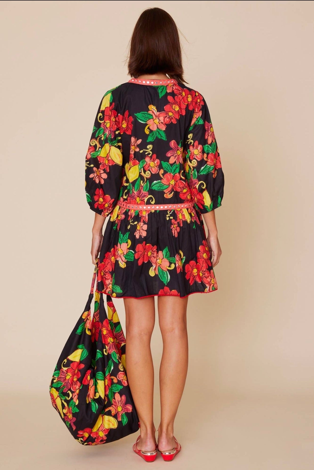Susana Printed Throw On Sundress in Black Citrus Floral