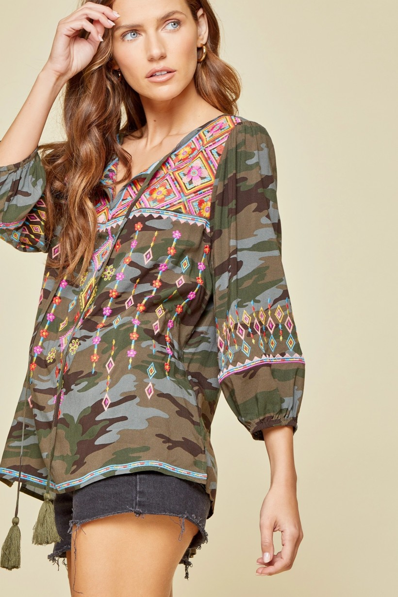 Day Trippin’ Camo Embroidered Top