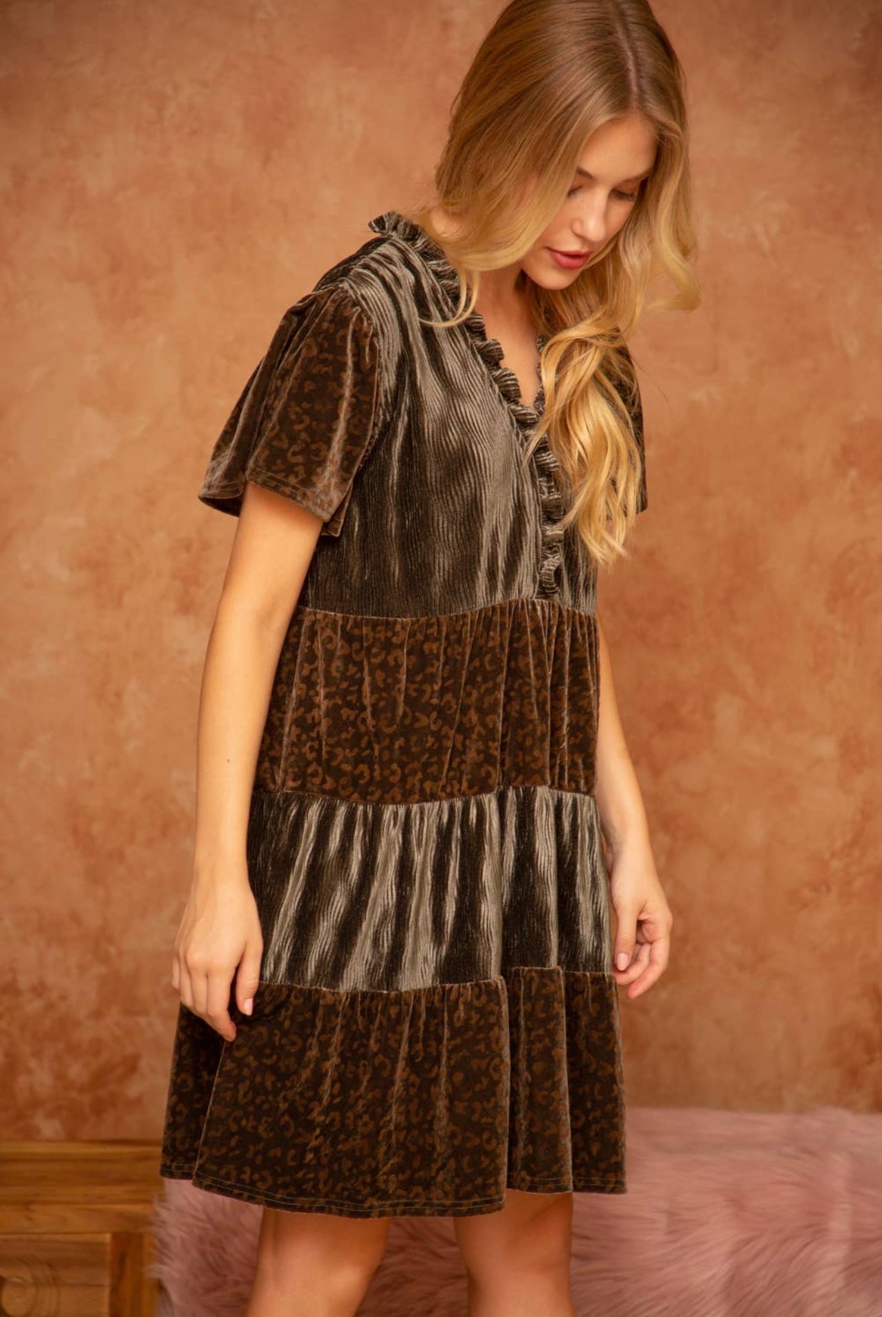 Leopard Velvet Mix Match Tiered Dress