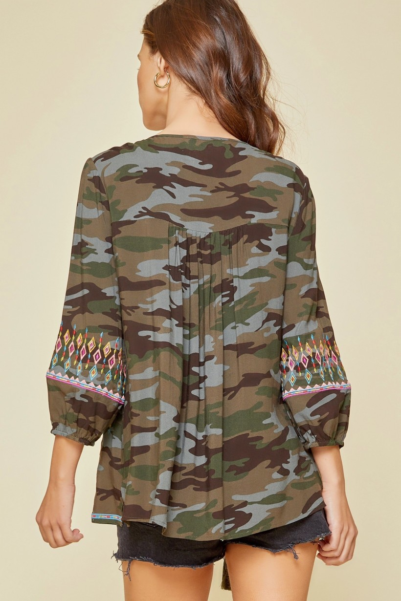 Day Trippin’ Camo Embroidered Top