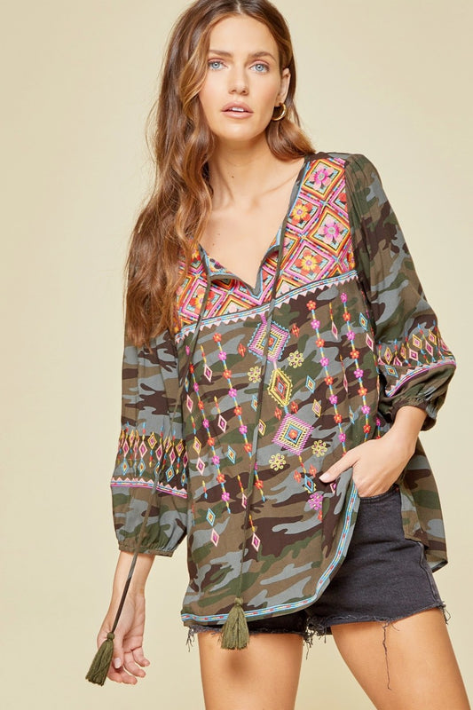 Day Trippin’ Camo Embroidered Top