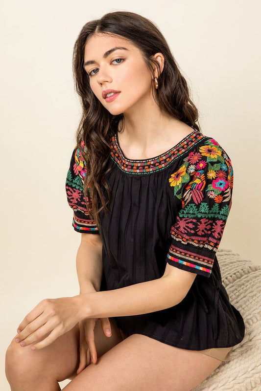 Tying it All Together Embroidered Sleeve Top-THML